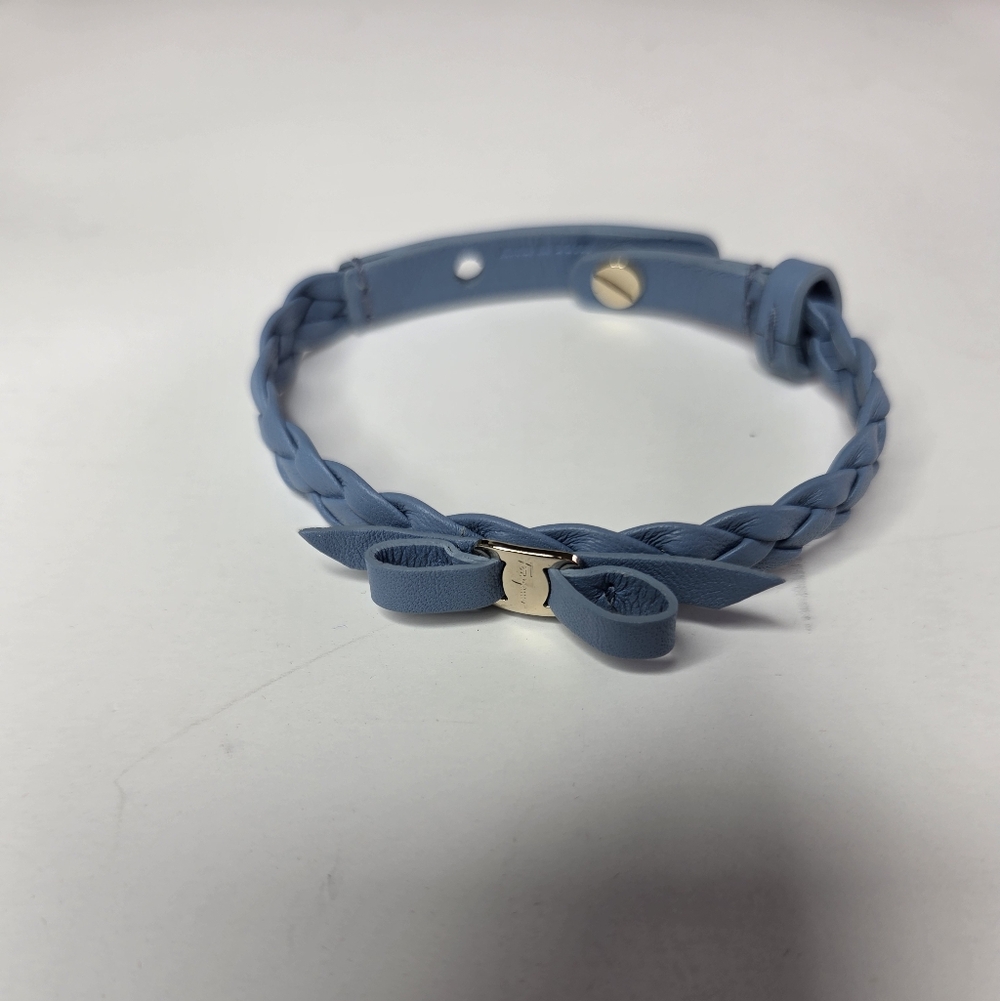 Salvatore Ferragamo Light Blue Braided Leather Bow Bracelet with Gold Accent NEW